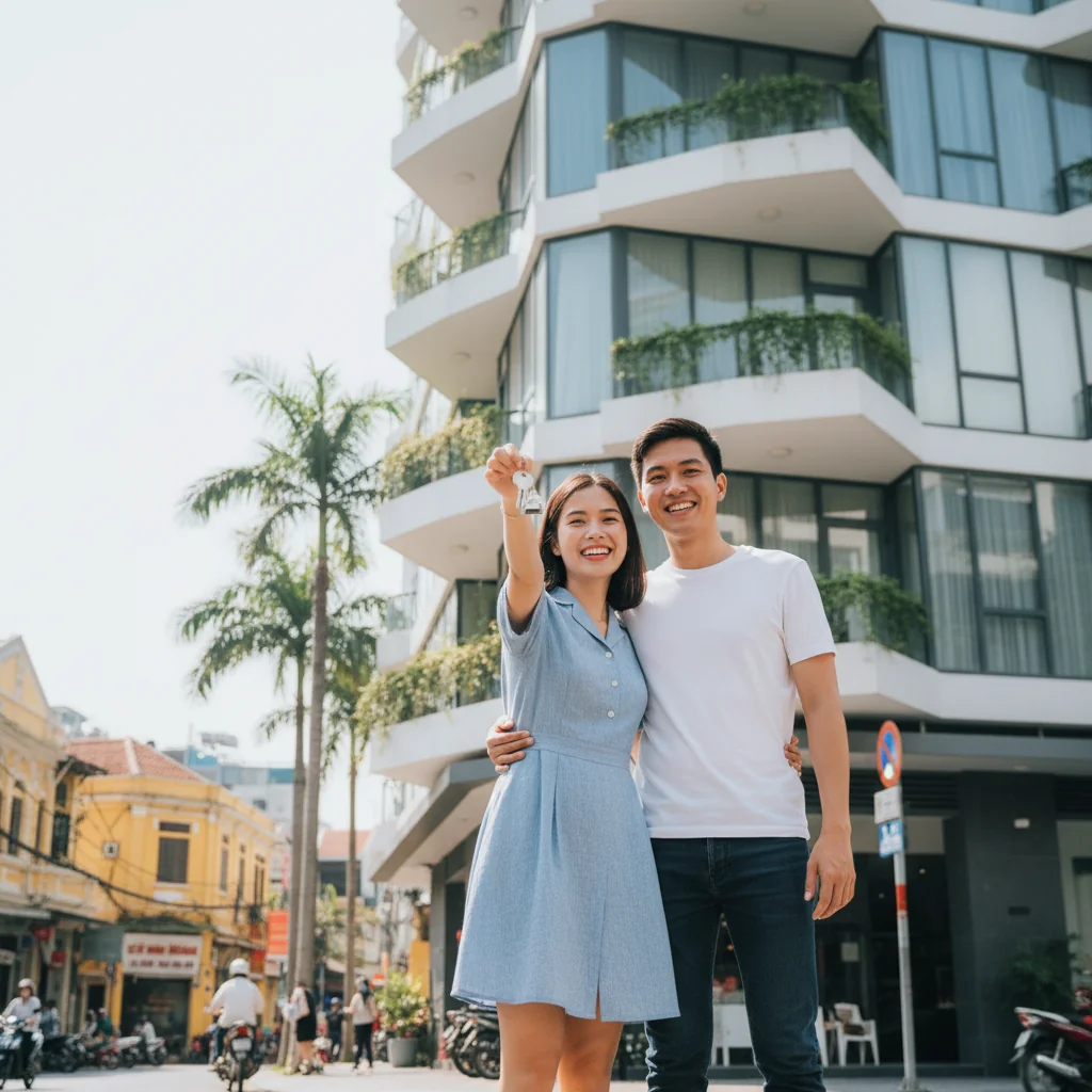 A photorealistic image of a young adult Vietnamese couple standing in front of a modern apartment building in an urban Vietnamese city, smiling happily as they hold keys to their new home, symbolizing the excitement of renting a place to live. The scene captures the essence of starting a new chapter in Vietnam without focusing on any documents.