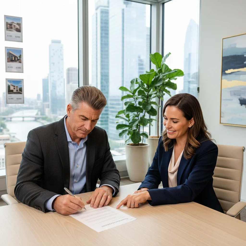 A photorealistic image depicting a professional adult signing a rental agreement in a modern real estate office, symbolizing the process of applying for a lease. The scene includes a real estate agent and a tenant at a desk with property brochures, conveying trust and preparation without focusing on the document details.