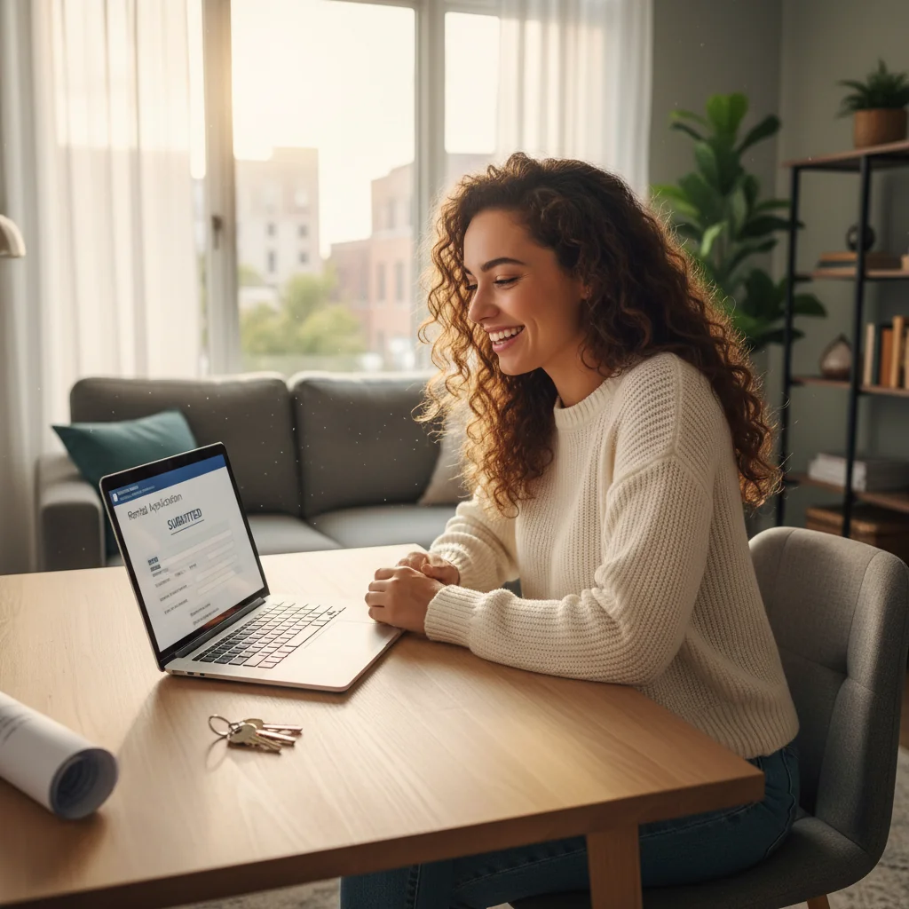 A photorealistic image of a young adult woman sitting at a desk in a cozy, modern apartment, smiling confidently while reviewing a rental application on her laptop, with subtle apartment keys and a lease agreement nearby, symbolizing successful application for a rental property, no children present.