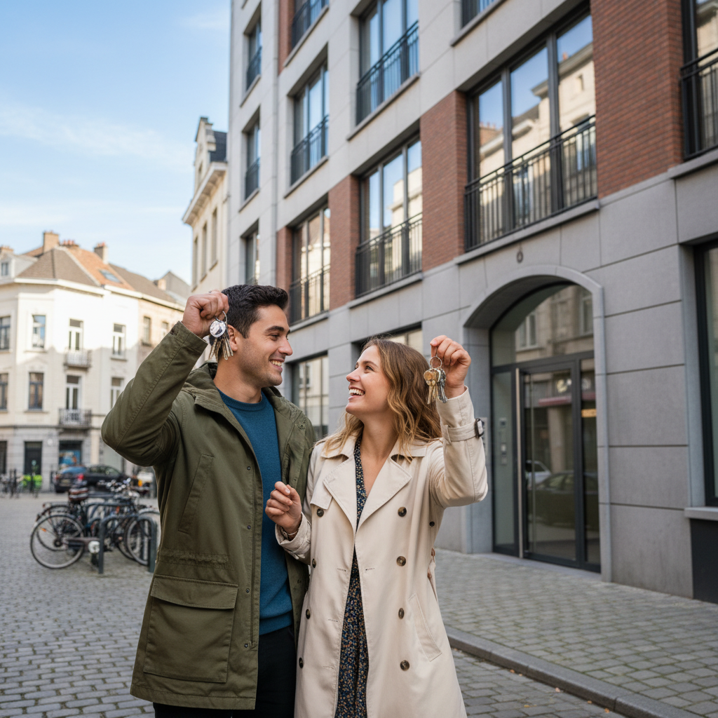 A photorealistic image of a young adult couple standing in front of a modern apartment building in Belgium, holding a set of house keys, looking excited and relieved after successfully securing a residential rental. The scene captures a typical Belgian urban neighborhood with cobblestone streets and European architecture in the background, symbolizing the achievement of finding a new home through the rental application process. No children are present in the image.
