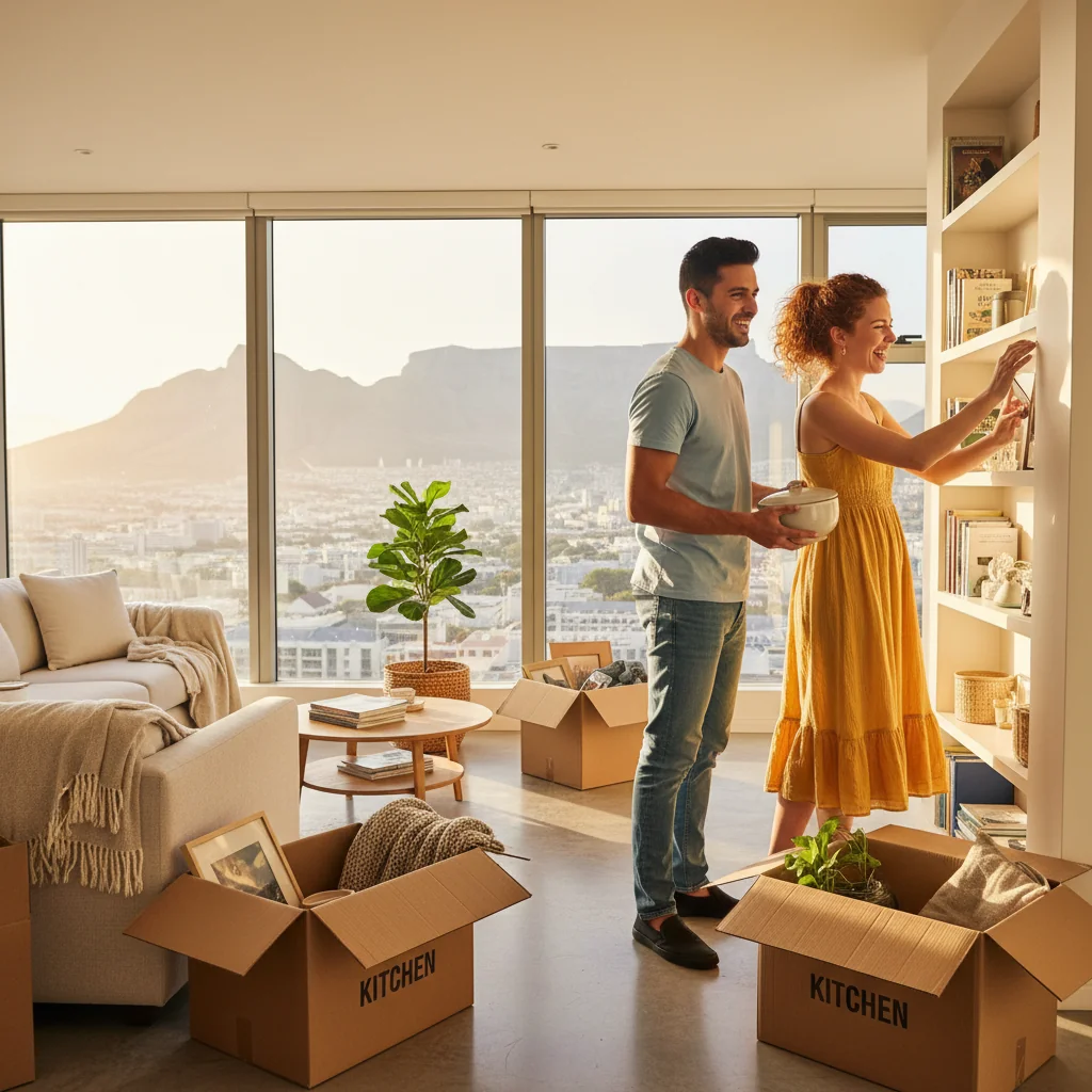 A photorealistic image of a young adult couple in a modern South African apartment, smiling as they unpack boxes and arrange furniture, symbolizing the excitement of starting a new home through a successful lease application.