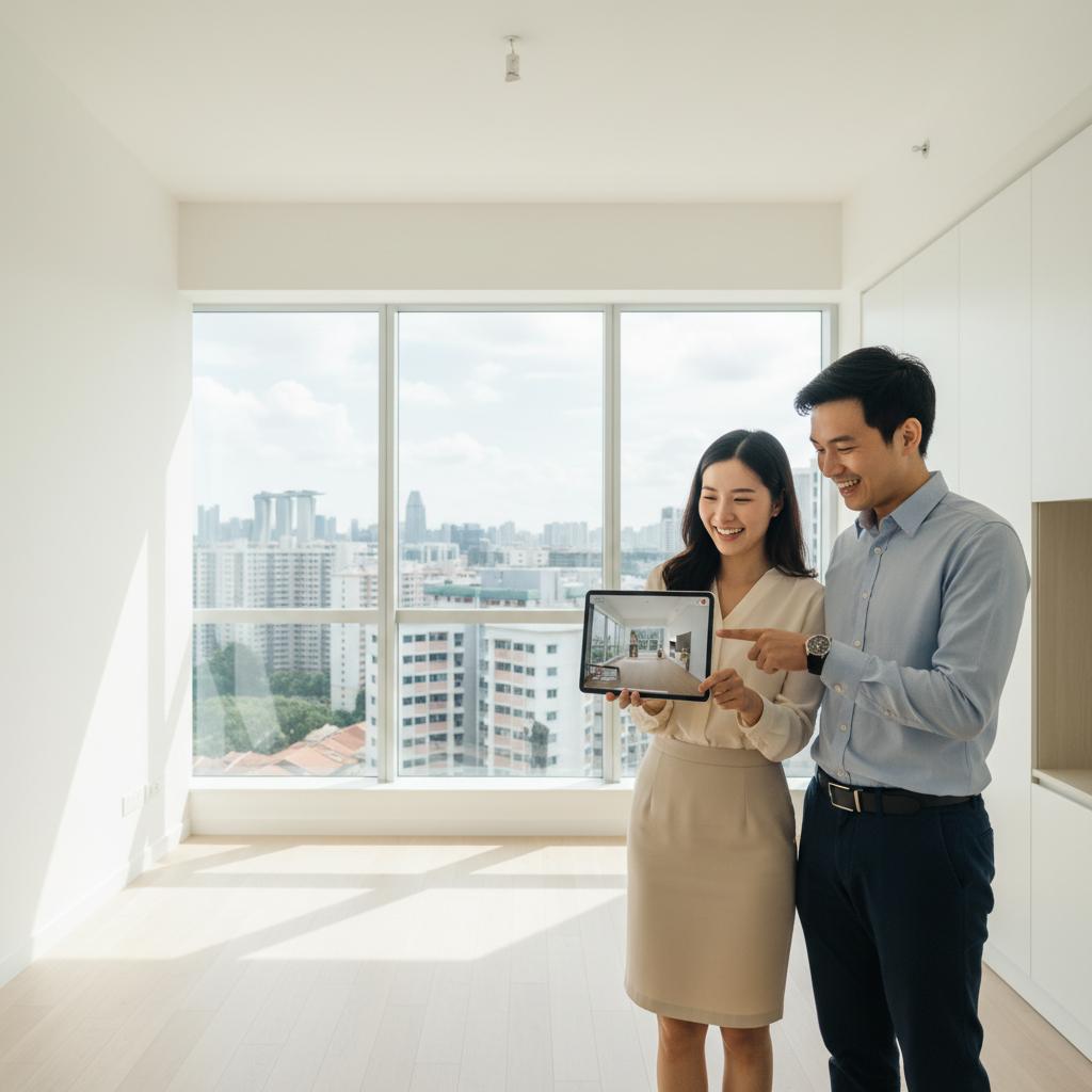 A photorealistic image of a young adult professional couple in a modern Singapore apartment, excitedly discussing and preparing for their new tenancy, with a subtle view of the city skyline in the background, symbolizing the start of independent living in Singapore.