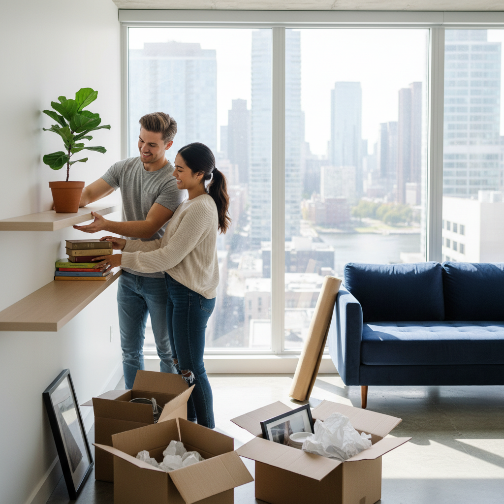 A photorealistic image depicting a young adult professional couple happily moving into a modern apartment, unpacking boxes in a bright living room with large windows overlooking a cityscape, symbolizing the excitement of starting a new rental home. No children are present in the scene.