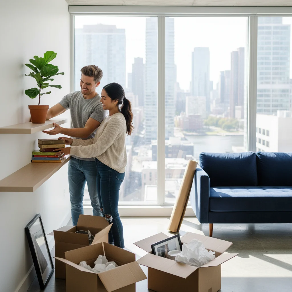 A photorealistic image depicting a young adult professional couple happily moving into a modern apartment, unpacking boxes in a bright living room with large windows overlooking a cityscape, symbolizing the excitement of starting a new rental home. No children are present in the scene.
