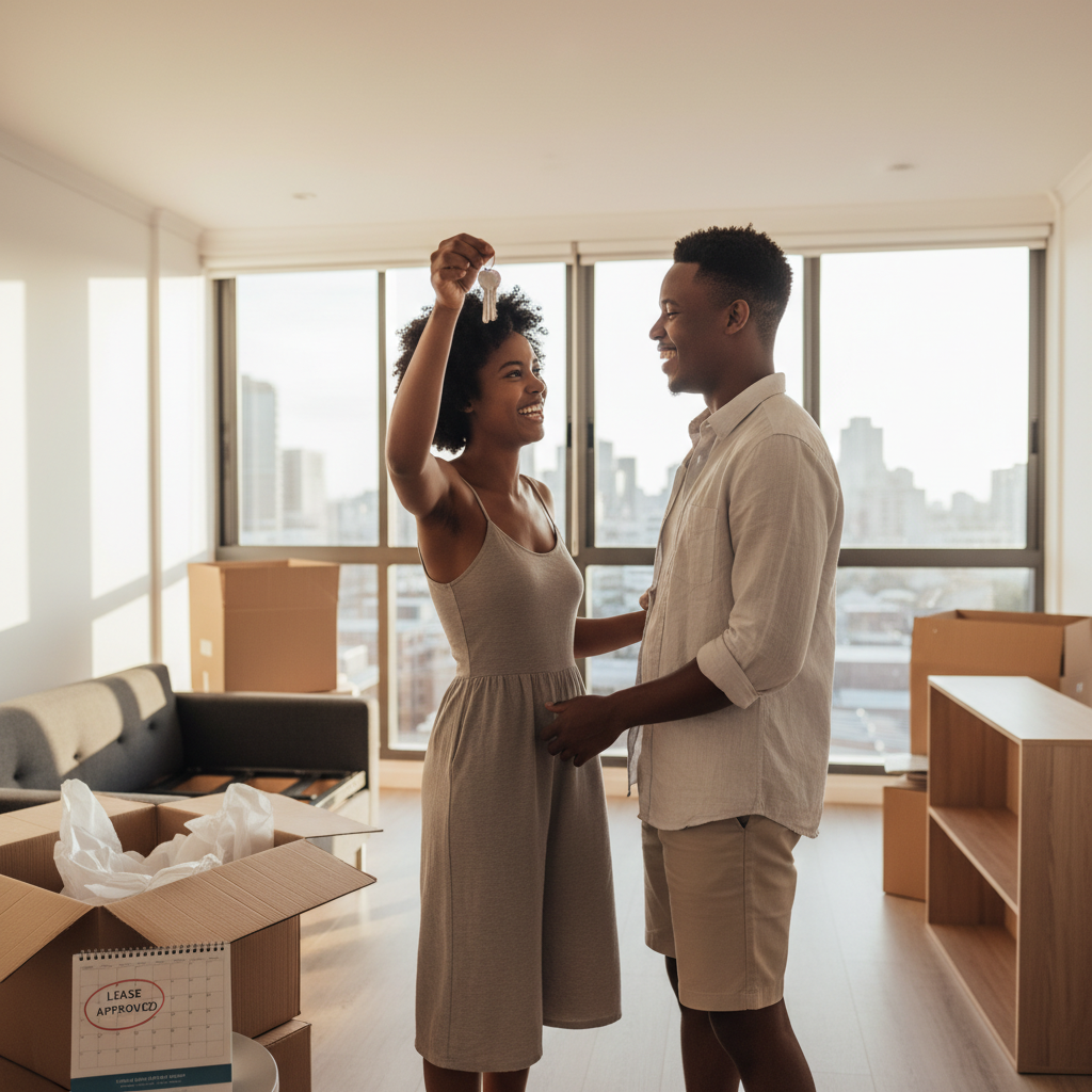A photorealistic image of a young adult couple in their early 20s, standing happily in a bright, modern South African apartment living room, holding a set of keys and looking at each other with excitement as they prepare to move in, with moving boxes and furniture in the background, symbolizing the successful completion of a residential lease application process, no children present.