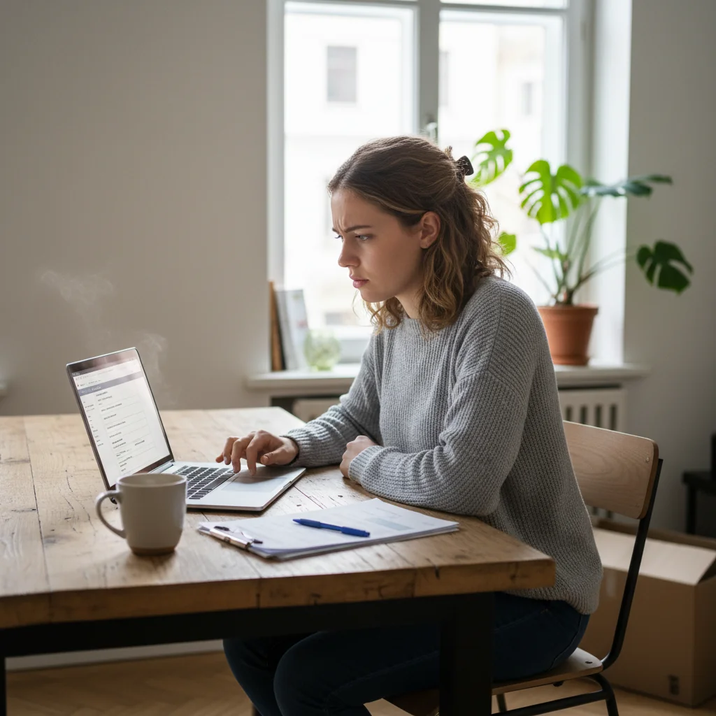 A photorealistic image of a young adult woman sitting at a kitchen table in a modern apartment, looking stressed while reviewing paperwork on her laptop, with a stack of documents and a pen nearby, symbolizing the process of applying for a US rental without showing any legal documents directly.