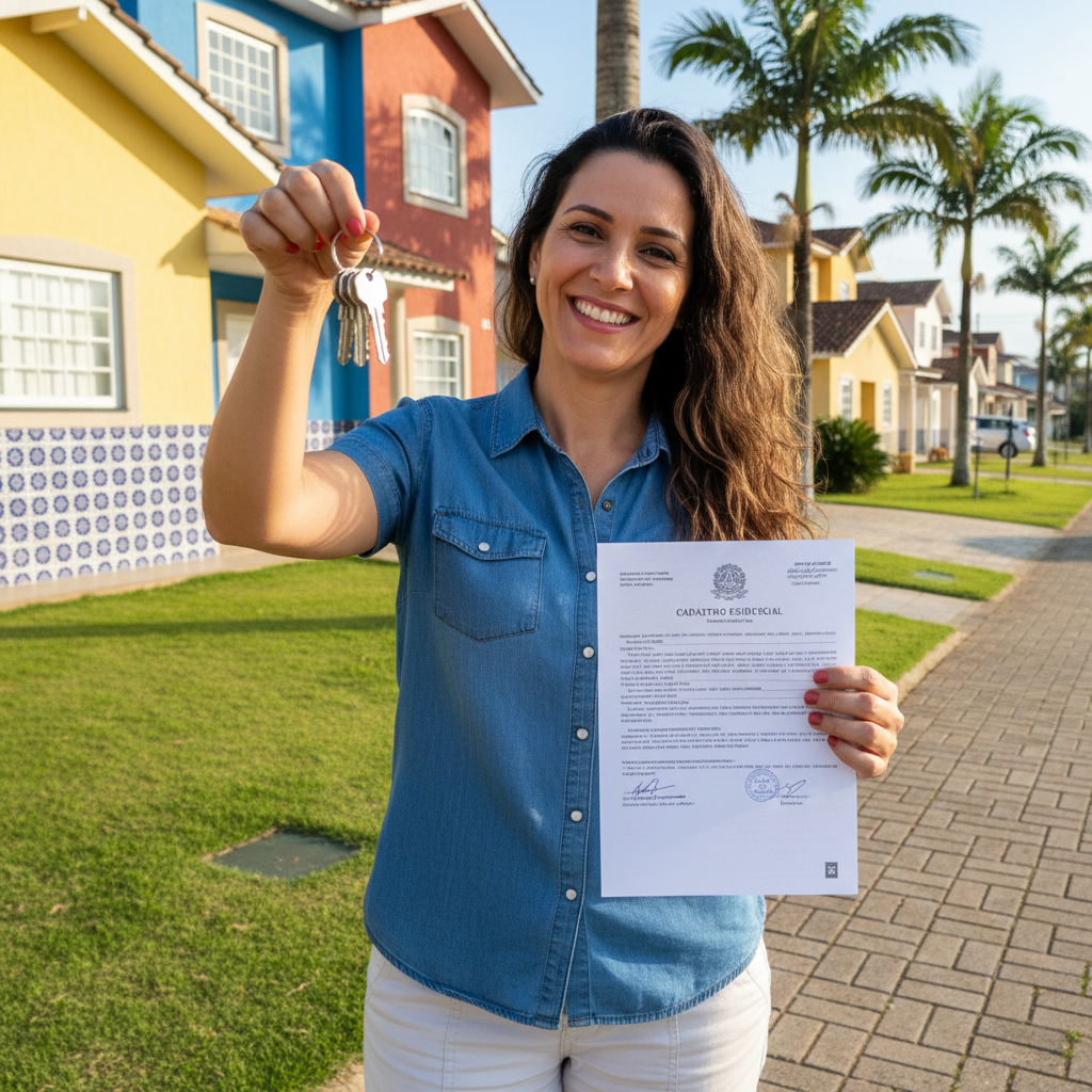 A photorealistic image of a smiling adult Brazilian woman standing outside a modern suburban home in Brazil, holding a set of house keys in one hand and a residential registration form in the other, symbolizing the completion of her residential registration. The background features a typical Brazilian neighborhood with palm trees and clear blue skies, conveying a sense of new beginnings and homeownership. No children are present in the image.