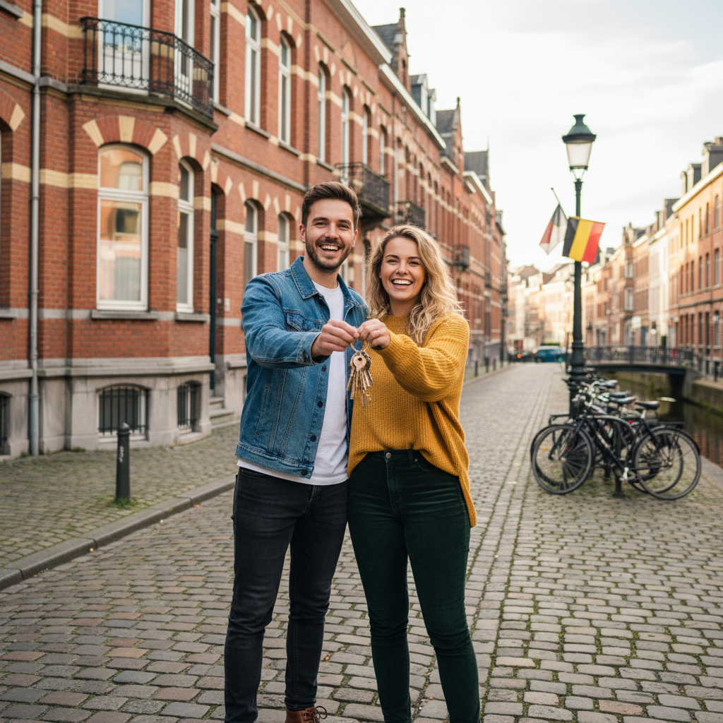 A photorealistic image of a young adult couple standing in front of a modern apartment building in Belgium, holding a set of keys, looking excited and relieved as if they just secured a residential rental. The scene includes Belgian street elements like cobblestone paths and typical European architecture, conveying the joy of finding a new home. No children are present in the image.