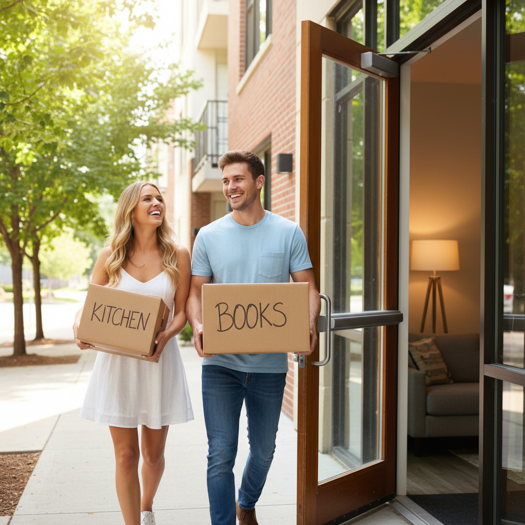 A photorealistic image of a young adult couple happily moving into a cozy modern apartment, carrying moving boxes and smiling as they enter the front door, evoking the excitement of renting a new home. The scene is set during a sunny day, with the apartment building visible in the background, emphasizing the purpose of renting housing without focusing on any documents.