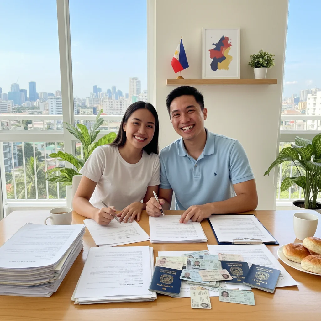 A photorealistic image of a young adult professional couple in a modern Philippine apartment, smiling as they review rental application papers together on a table, with a cityscape view from the window, symbolizing the excitement of securing a new home through proper documentation.