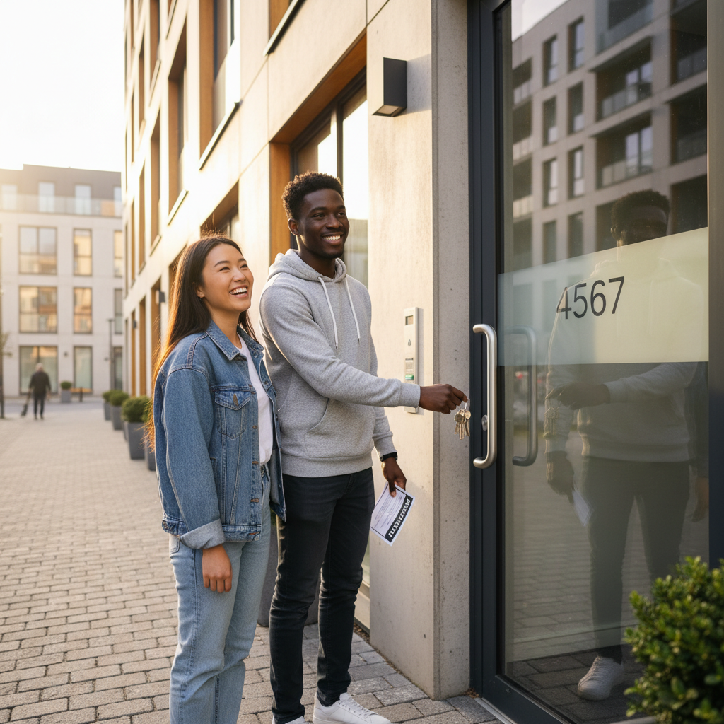 A photorealistic image of a young adult couple standing in front of a modern apartment building, holding keys and smiling excitedly as they prepare to move into their new rental home, symbolizing the successful application for a rental apartment using a tenancy application form.