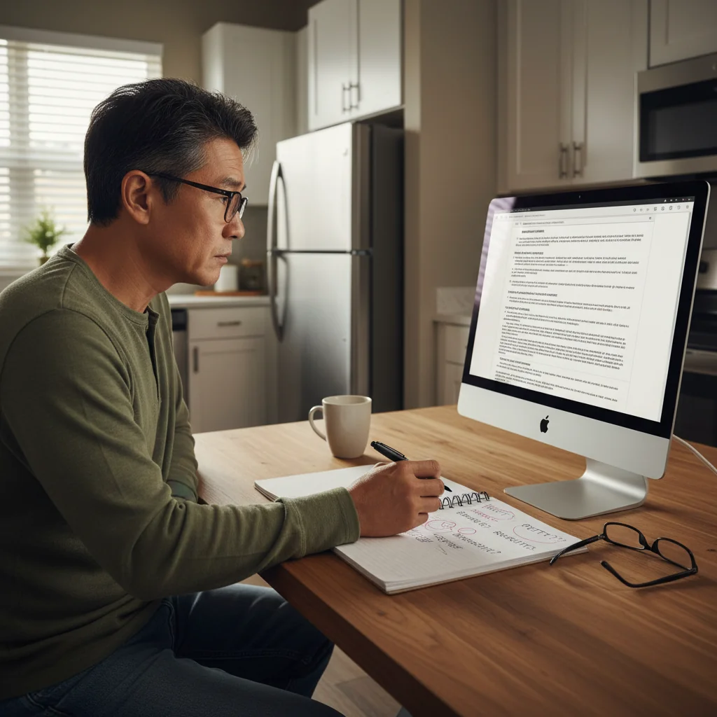 A photorealistic image of a frustrated adult tenant in a modern apartment, reviewing a lease agreement on a laptop with a red pen marking errors, symbolizing common mistakes in rental applications and the importance of avoiding them. The scene is set in a cozy living room with natural light, emphasizing caution and preparation in renting.