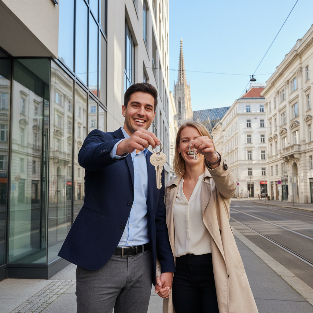A photorealistic image of a young adult professional couple standing happily outside a modern apartment building in Vienna, Austria, holding keys to their new rental home, with the historic Viennese skyline and landmarks like St. Stephen's Cathedral in the background, symbolizing successful housing application and urban living in the city.