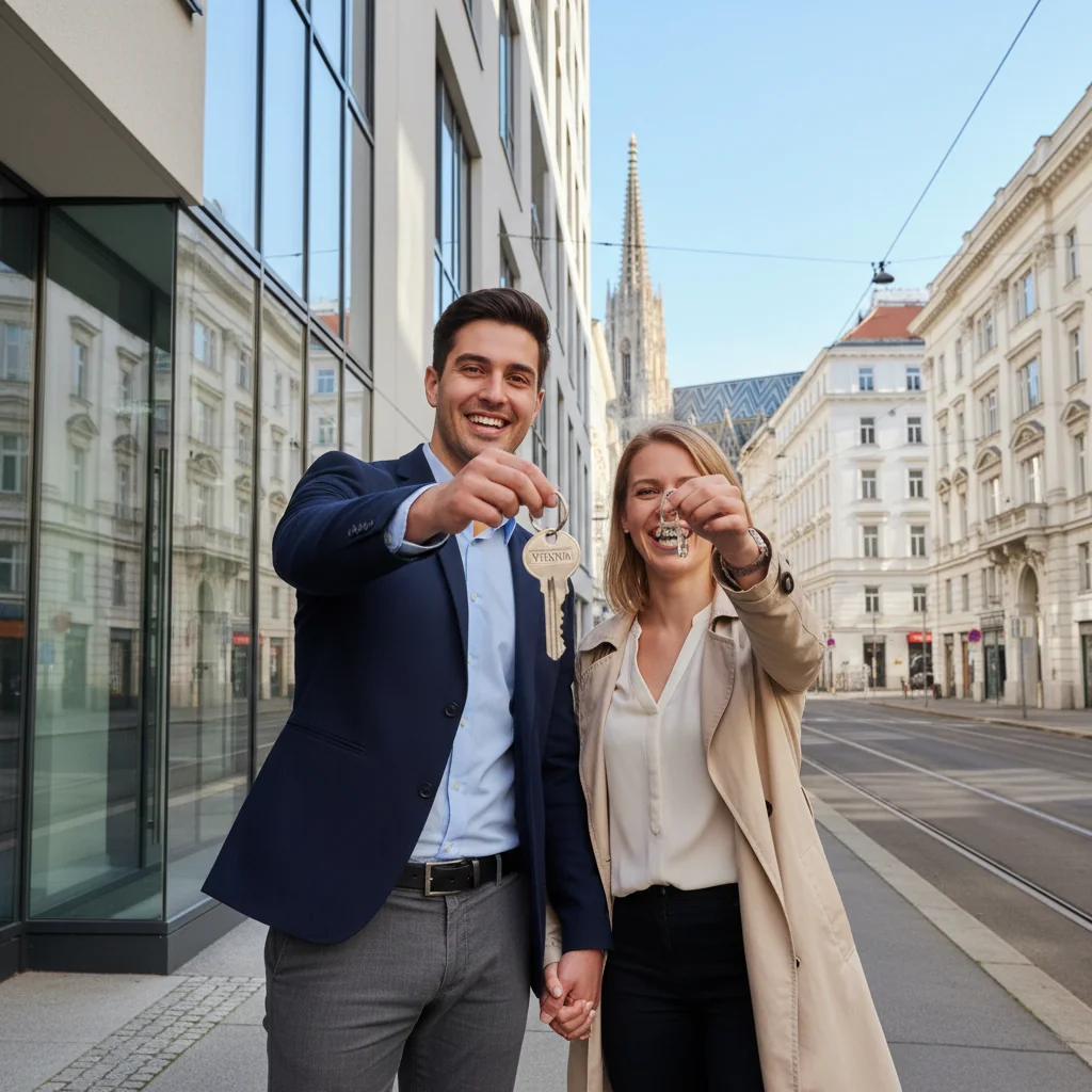A photorealistic image of a young adult professional couple standing happily outside a modern apartment building in Vienna, Austria, holding keys to their new rental home, with the historic Viennese skyline and landmarks like St. Stephen's Cathedral in the background, symbolizing successful housing application and urban living in the city.