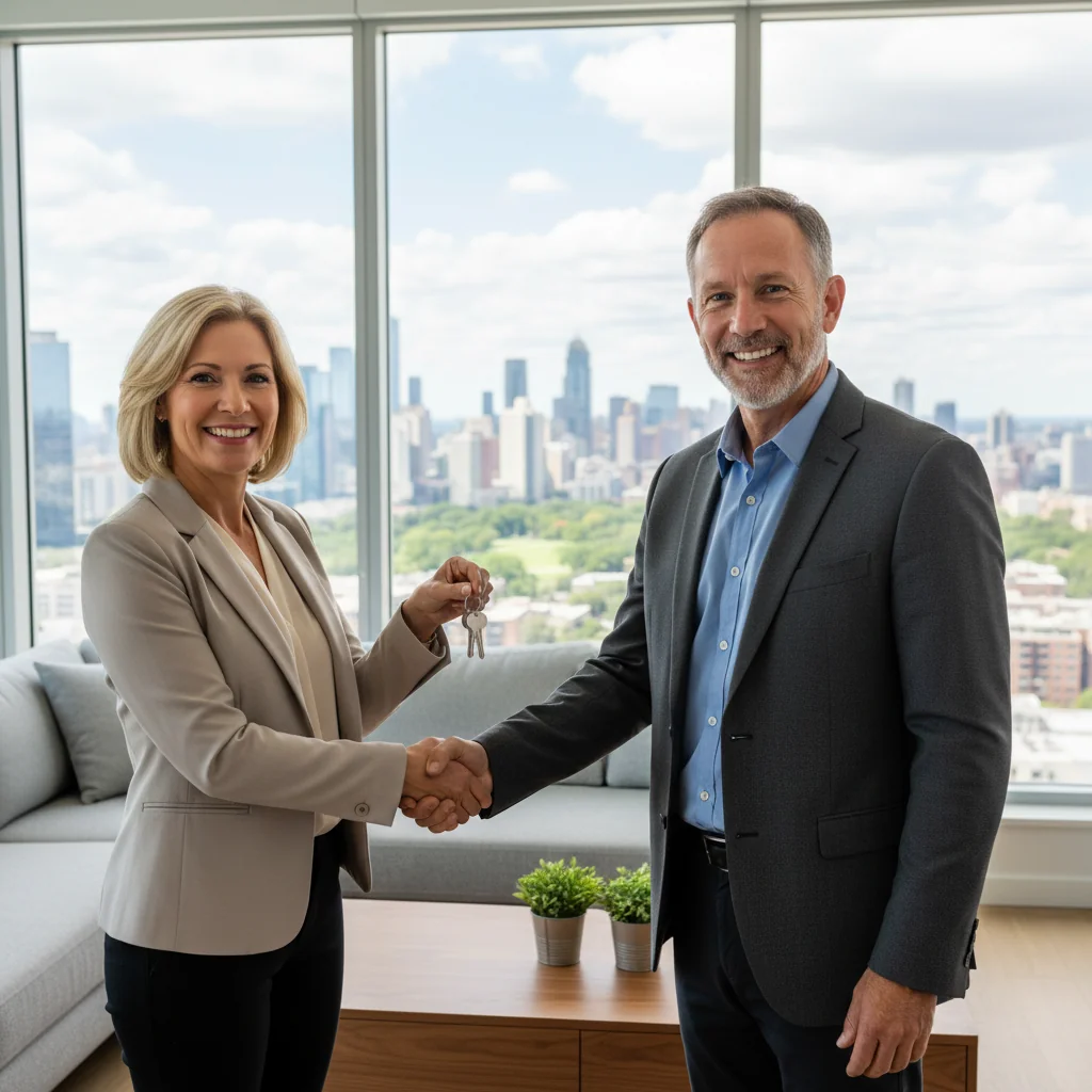 A photorealistic image of two adults shaking hands in a modern living room, symbolizing the agreement of a residential rental contract, with a lease key being exchanged, warm lighting, no legal documents visible, no children present.