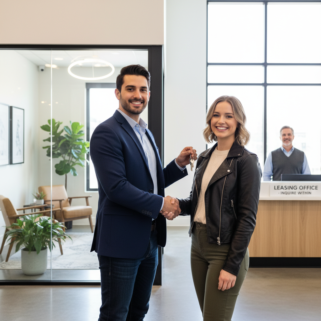 A photorealistic image of a young adult professional couple happily receiving keys to their new apartment from a smiling landlord in a modern building lobby, symbolizing the successful completion of a rental application process, with subtle background elements like a lease agreement on a table but no focus on documents.