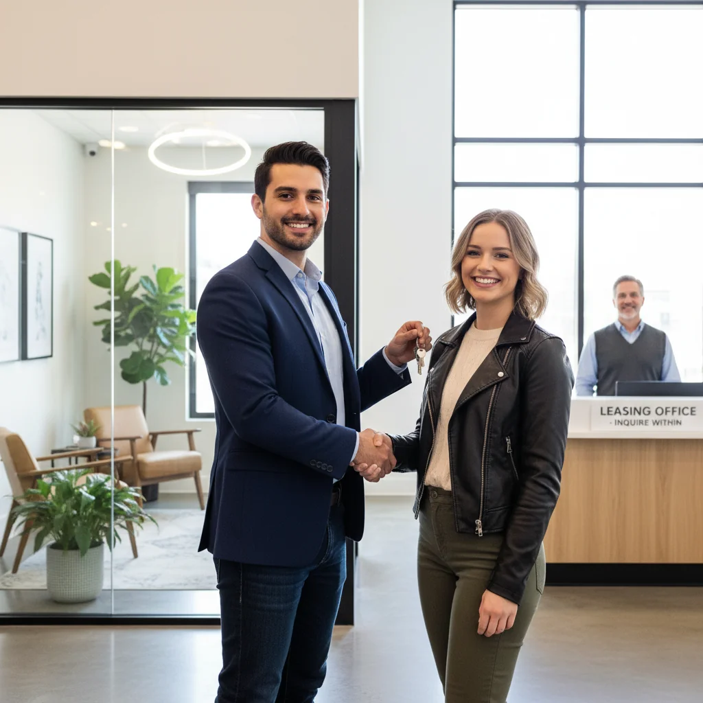 A photorealistic image of a young adult professional couple happily receiving keys to their new apartment from a smiling landlord in a modern building lobby, symbolizing the successful completion of a rental application process, with subtle background elements like a lease agreement on a table but no focus on documents.