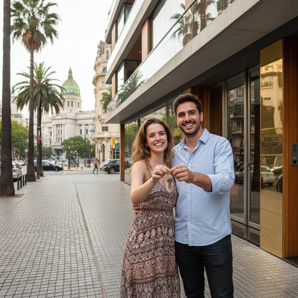A photorealistic image of a young adult couple standing in front of a modern residential apartment building in an Argentine neighborhood, looking excited as they hold keys to their new rental home, with the Buenos Aires skyline subtly in the background, conveying the joy of securing a residential rental in Argentina. No children are present in the image.