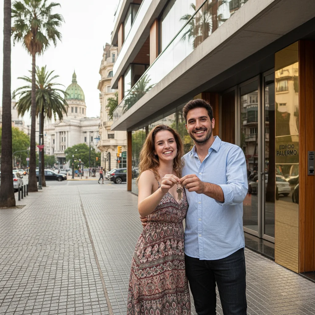 A photorealistic image of a young adult couple standing in front of a modern residential apartment building in an Argentine neighborhood, looking excited as they hold keys to their new rental home, with the Buenos Aires skyline subtly in the background, conveying the joy of securing a residential rental in Argentina. No children are present in the image.