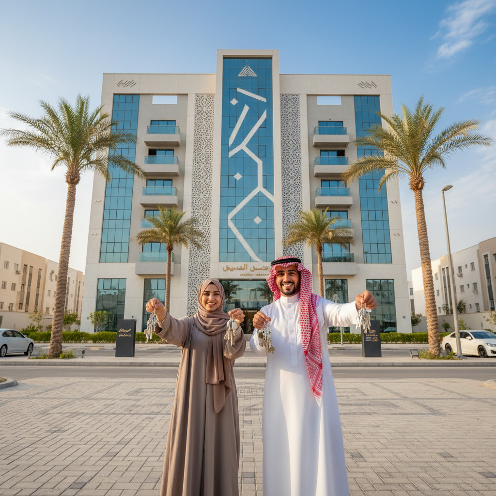 A photorealistic image of a young adult Saudi Arabian couple standing in front of a modern apartment building in Riyadh, Saudi Arabia, holding keys to their new rental home, smiling happily with the city skyline in the background, symbolizing the excitement of renting a residential property. No children are present in the image.