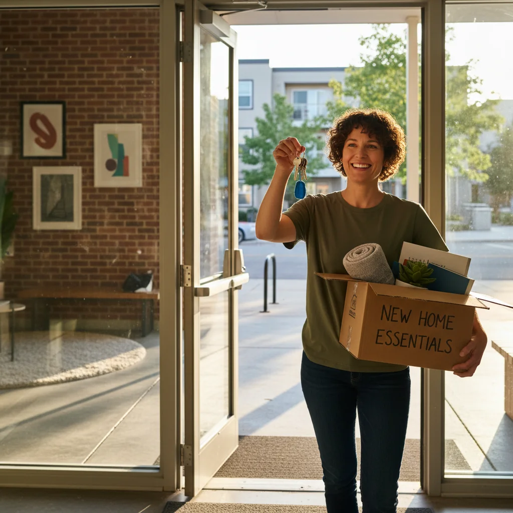 A photorealistic image of an adult tenant happily moving into a modern apartment, holding keys and a small box of belongings, standing in a welcoming doorway with natural light, symbolizing the start of a rental agreement without focusing on documents.