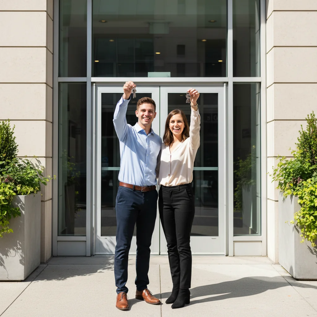 A photorealistic image depicting a young adult couple standing happily in front of a modern apartment building, holding a set of house keys, symbolizing the successful rental of a residential home. The scene conveys relief and excitement about securing housing, with the building's entrance visible in the background. No children are present in the image.