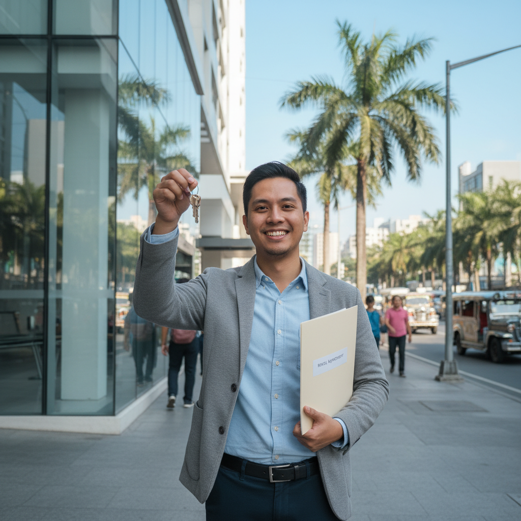 A photorealistic image of a young adult professional standing outside a modern apartment building in a Philippine urban setting, holding a set of keys with a confident smile, symbolizing successful rental approval, with tropical palm trees and city skyline in the background, no children present.