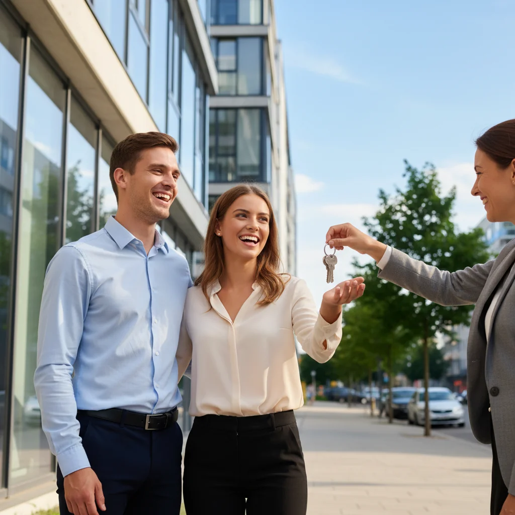A photorealistic image of a young adult couple happily receiving keys to their new apartment from a real estate agent, symbolizing successful housing rental application, in a modern urban setting with the building entrance in the background.