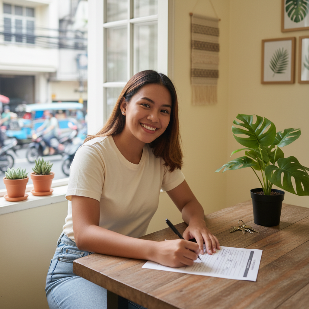 A photorealistic image of a young adult Filipino woman sitting at a wooden table in a modest apartment, smiling confidently as she reviews a rental application form with a pen in hand, surrounded by subtle apartment living elements like a window with city view and house keys nearby, conveying the excitement of securing a new home in the Philippines, no children present.