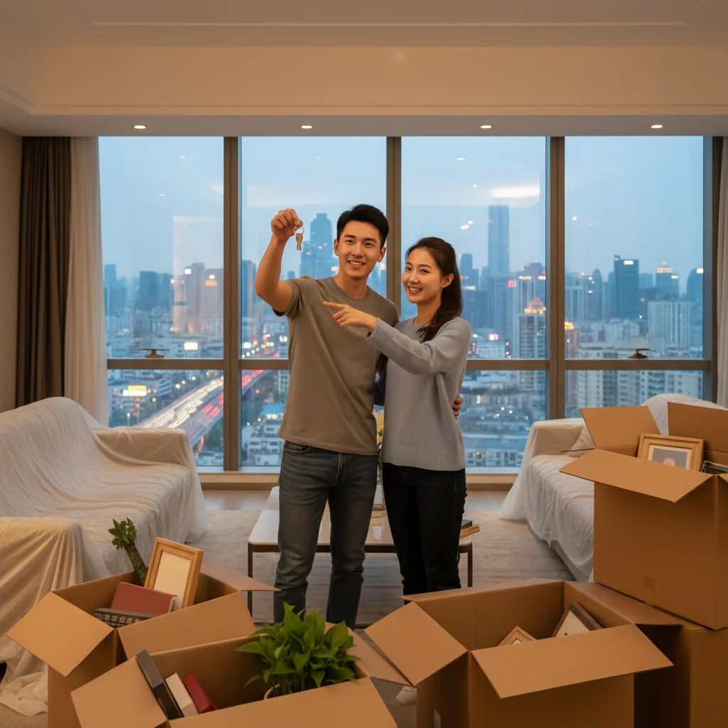 A photorealistic image of a young adult professional couple happily moving into a modern apartment in China, unpacking boxes in a bright living room with city views, symbolizing the excitement of securing a residential rental under new policies. No children present.