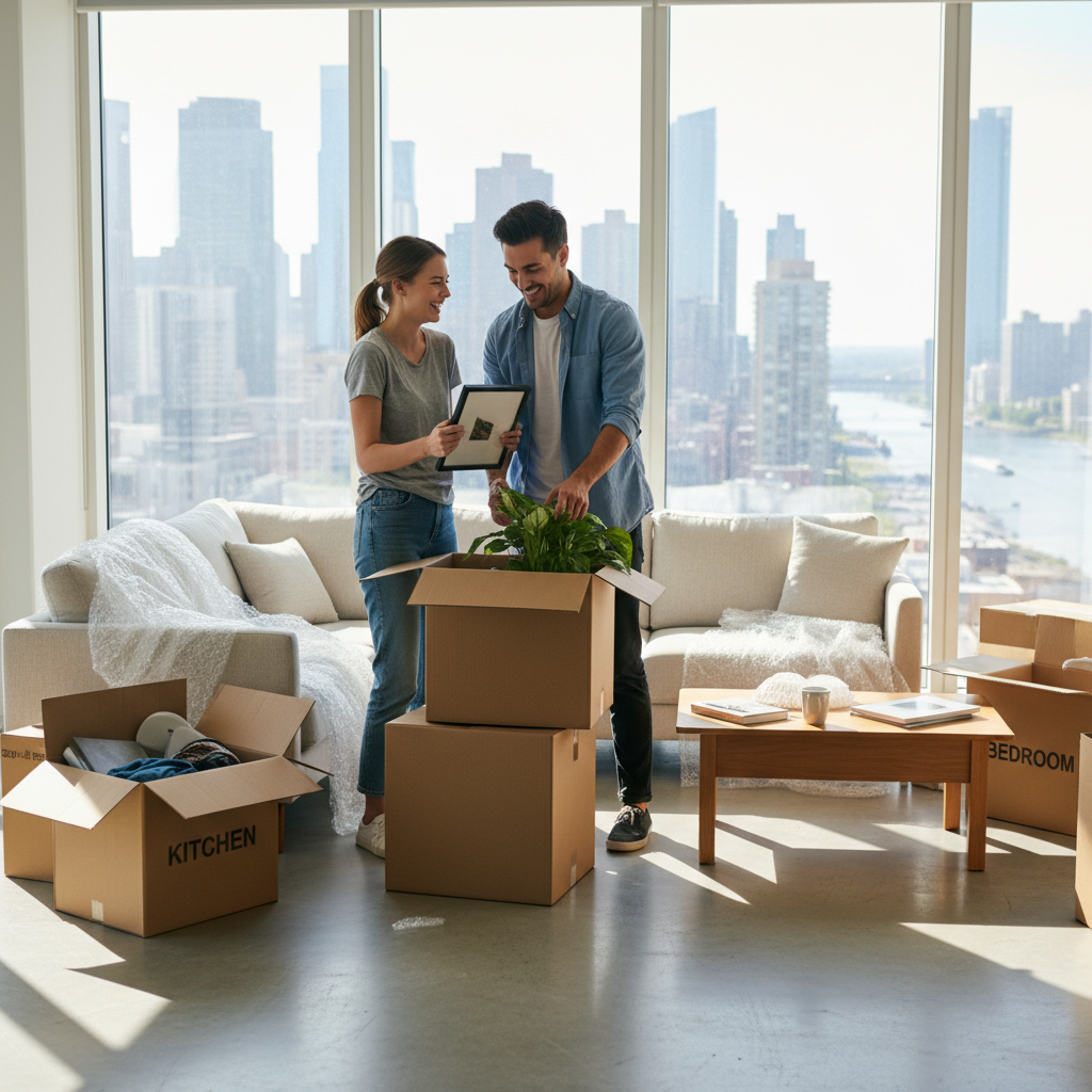 A photorealistic image of a young adult couple happily moving into a modern apartment, unpacking boxes in a bright living room with large windows overlooking a cityscape, symbolizing the excitement of renting a new home.