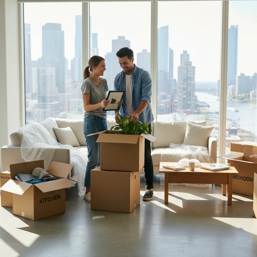 A photorealistic image of a young adult couple happily moving into a modern apartment, unpacking boxes in a bright living room with large windows overlooking a cityscape, symbolizing the excitement of renting a new home.