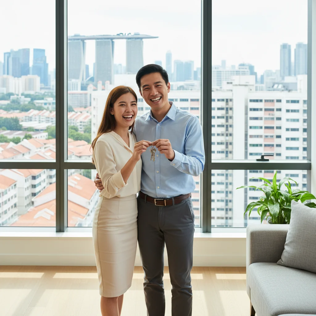 A photorealistic image of a young adult professional couple in a modern Singapore apartment, looking relieved and happy after successfully renting, with city skyline view from the window, symbolizing the positive outcome of a well-prepared rental application.