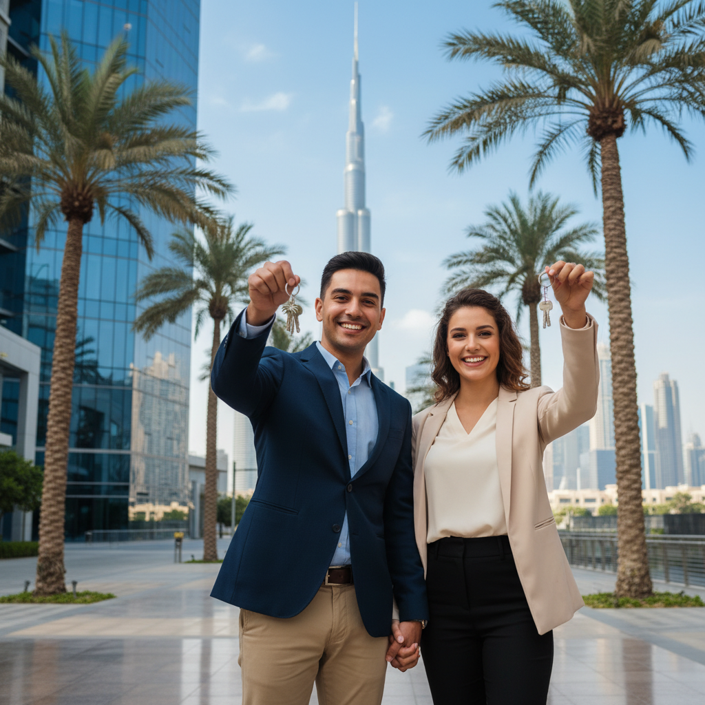 A photorealistic image of a young adult professional couple in the UAE, standing outside a modern apartment building in Dubai, holding keys to their new rental home, symbolizing the excitement of securing residential accommodation through legal rental processes, with UAE skyline in the background, no children present.
