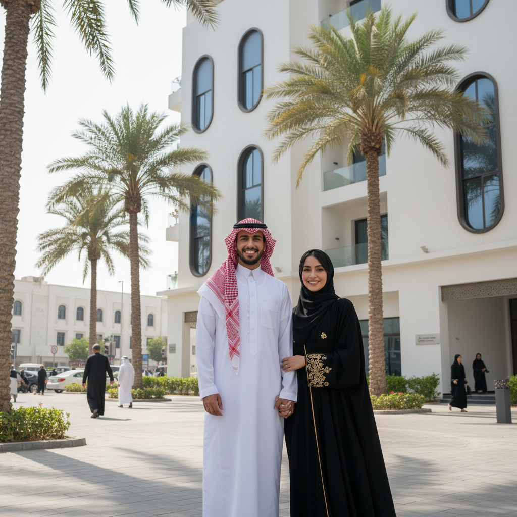 A photorealistic image of a young adult Saudi Arabian couple in traditional attire, standing happily in front of a modern, well-maintained residential apartment building in an urban Saudi city, symbolizing the process of applying for residential rental, with no children present.