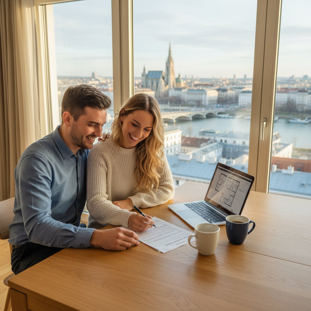 A photorealistic image of a young adult professional couple in a modern Austrian apartment, smiling as they sign a rental lease agreement at a wooden table with a window view of Vienna's historic architecture in the background, symbolizing the excitement of securing a rental home in Austria. No children are present in the image.