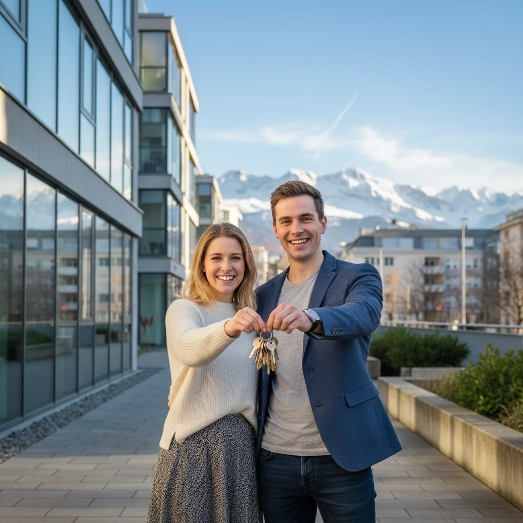 A photorealistic image of a young adult professional couple in Switzerland, standing in front of a modern apartment building in a scenic Swiss city, holding a set of keys symbolizing successful rental application and moving into a new home, with the Swiss Alps in the background, conveying excitement and relief about securing housing.