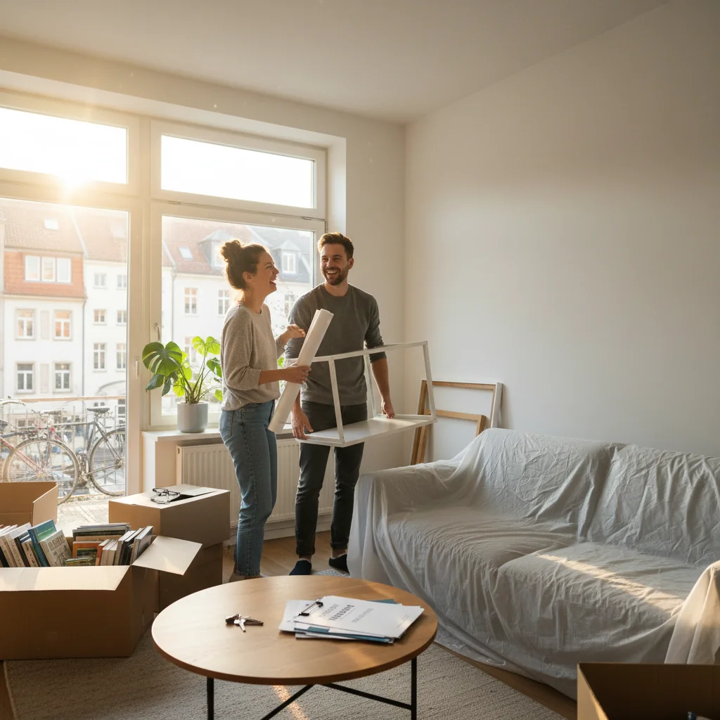 A photorealistic image of a young adult couple in a modern German apartment, standing together in the living room with moving boxes and furniture, symbolizing the process of applying for a rental apartment through official channels, with a subtle hint of paperwork on a table in the background, no children present.