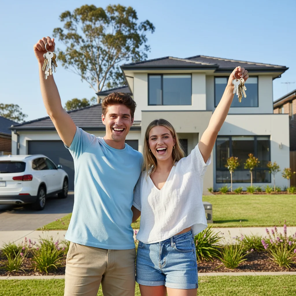 A photorealistic image of a young adult Australian couple standing in front of a modern suburban house, holding a set of keys and smiling excitedly as they prepare to move in as new tenants, symbolizing the successful rental application process. The scene is set on a sunny day with clear blue skies and green lawn, evoking a sense of home and new beginnings in Australia. No children are present in the image.