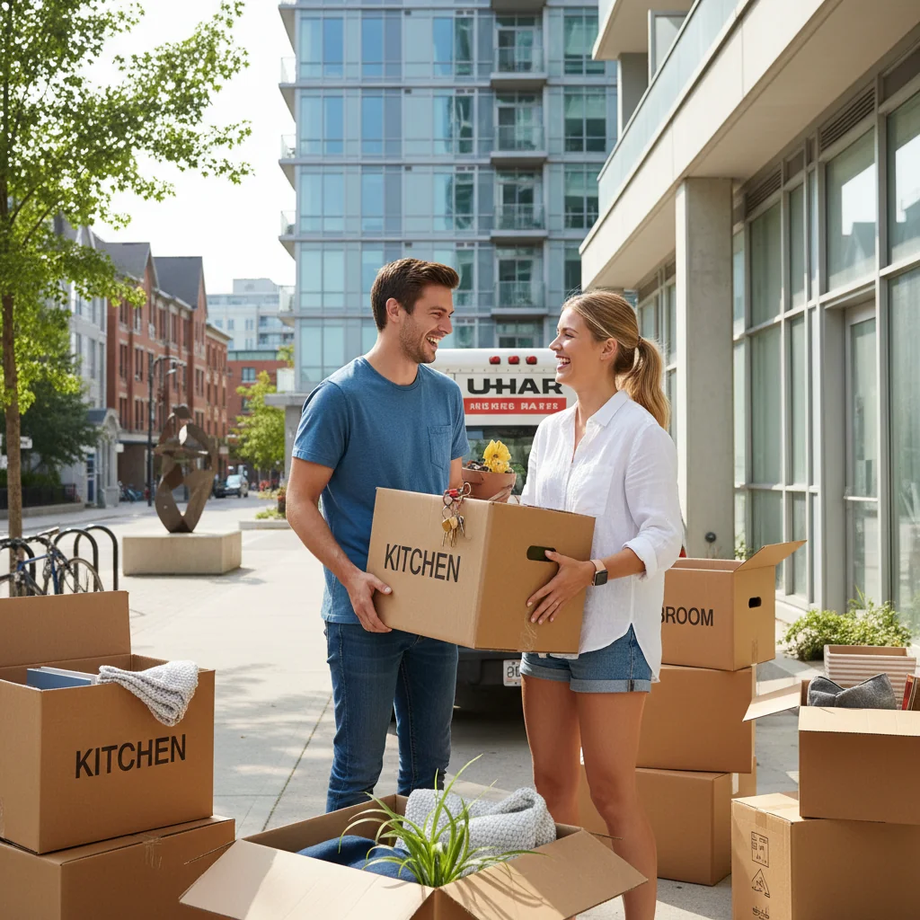A photorealistic image of a young adult couple happily moving into a modern Canadian apartment, carrying moving boxes and smiling at each other in front of their new home's entrance, symbolizing the excitement of starting a residential tenancy. No children are present in the image.