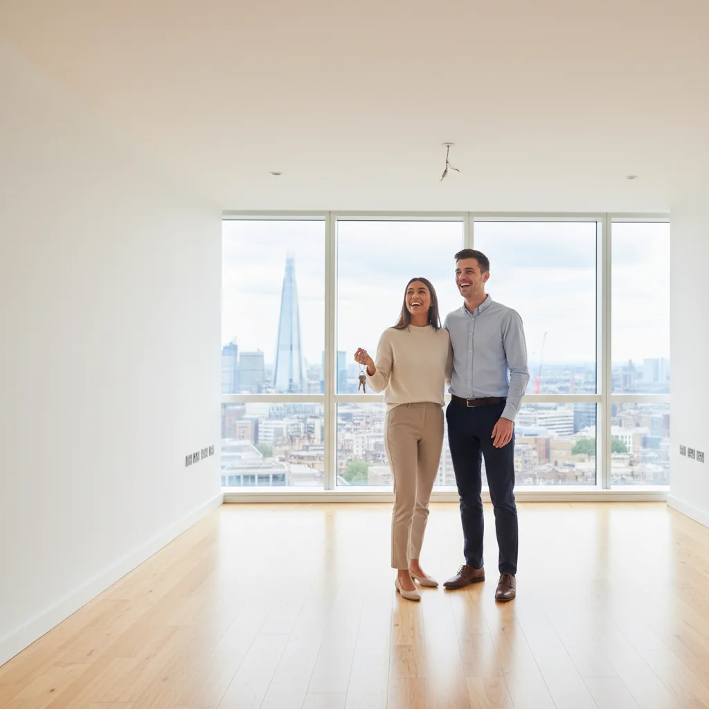 A photorealistic image of a young adult professional couple in a modern UK apartment, excitedly viewing a spacious living room with large windows overlooking a cityscape, symbolizing the joy of securing a new tenancy in the United Kingdom.