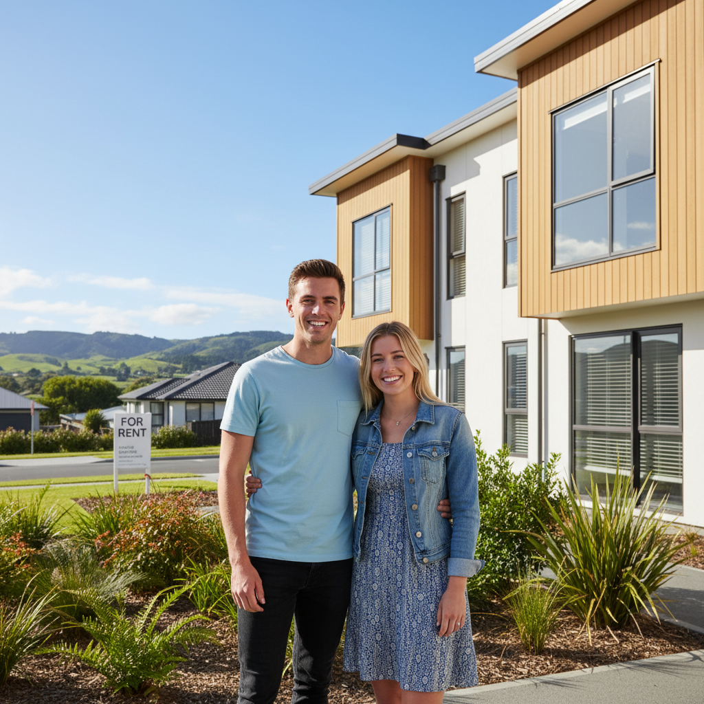 A photorealistic image of a young adult couple standing in front of a modern rental apartment building in New Zealand, looking excited and hopeful as they prepare to apply for tenancy, with a scenic urban background featuring green hills, no legal documents visible, no children present.