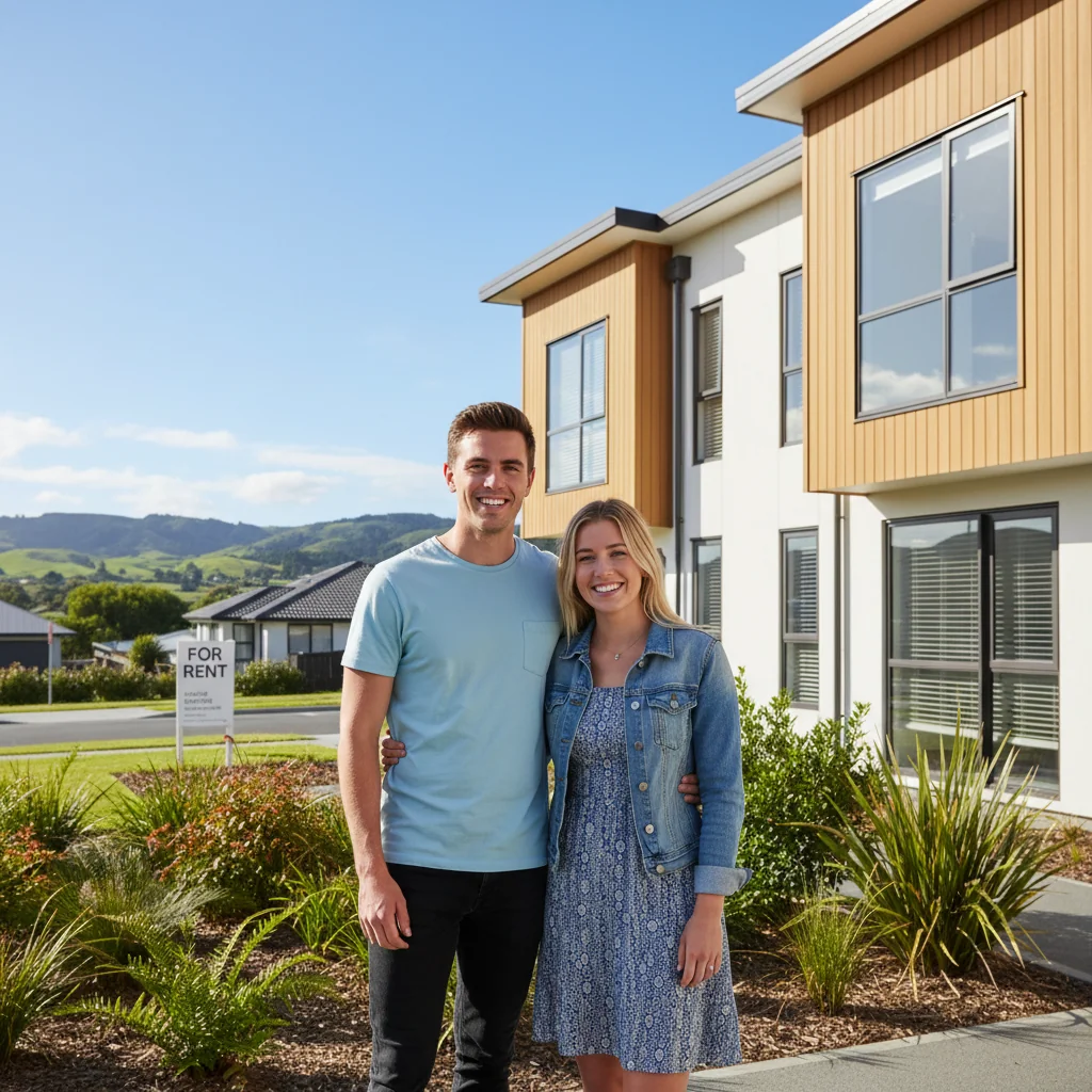 A photorealistic image of a young adult couple standing in front of a modern rental apartment building in New Zealand, looking excited and hopeful as they prepare to apply for tenancy, with a scenic urban background featuring green hills, no legal documents visible, no children present.
