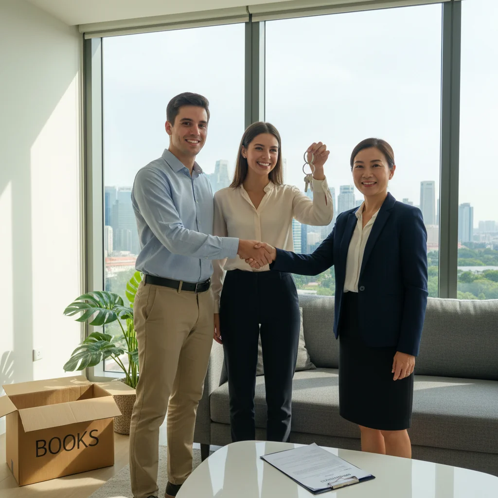 A photorealistic image of a young adult couple in modern Singapore apartment, shaking hands with a real estate agent while holding keys to their new home, symbolizing successful tenancy application and moving in, bright natural light, urban Singapore skyline in background, no children present.