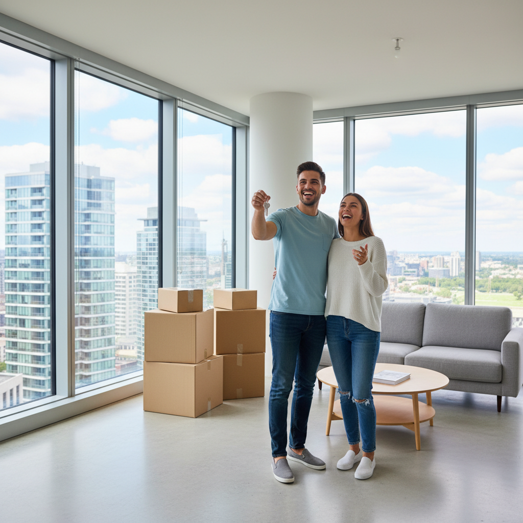 A photorealistic image of a young adult couple in a modern apartment, happily inspecting an empty living room space, symbolizing the excitement of finding a new rental home. The scene captures the essence of applying for a rental property in the US, with natural light coming through windows, showing views of a cityscape outside. No children are present in the image. The style is entirely photorealistic, like a high-resolution photograph, with no graphics, drawings, or illustrations.