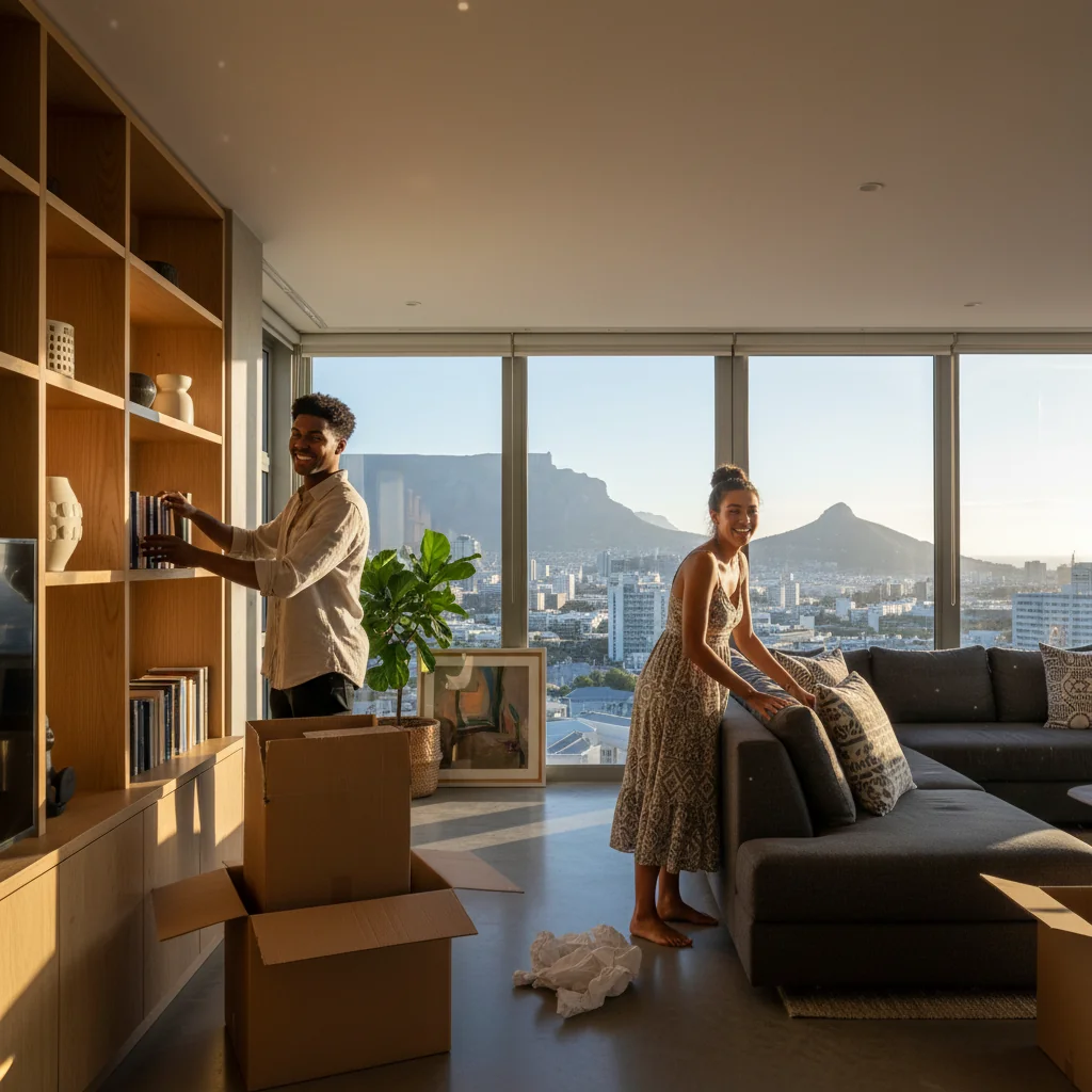 A photorealistic image of a young adult couple in a modern South African apartment, happily unpacking boxes and arranging furniture in their new home, symbolizing the excitement of starting a new residential lease.