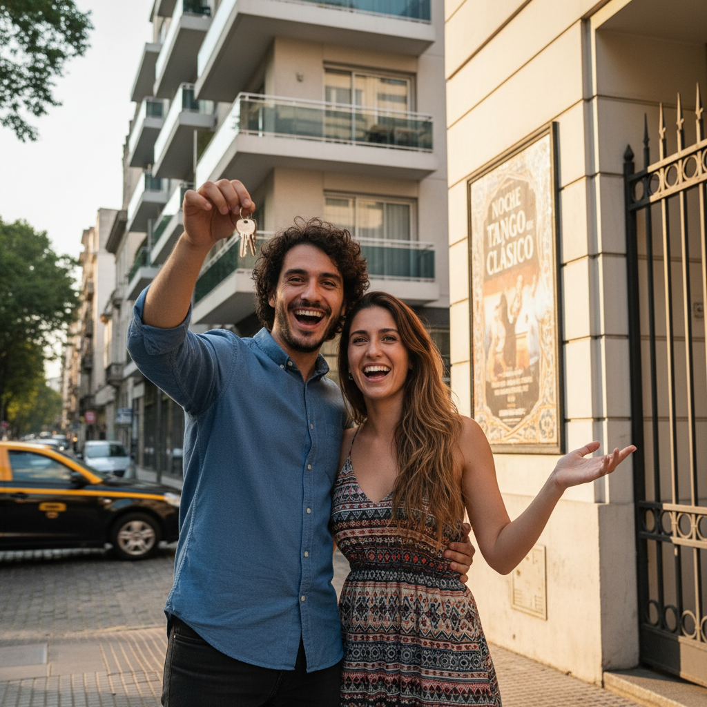 A photorealistic image of a young adult couple standing in front of a modern residential apartment building in Buenos Aires, Argentina, holding keys and smiling happily as they prepare to move in, with the urban skyline in the background.