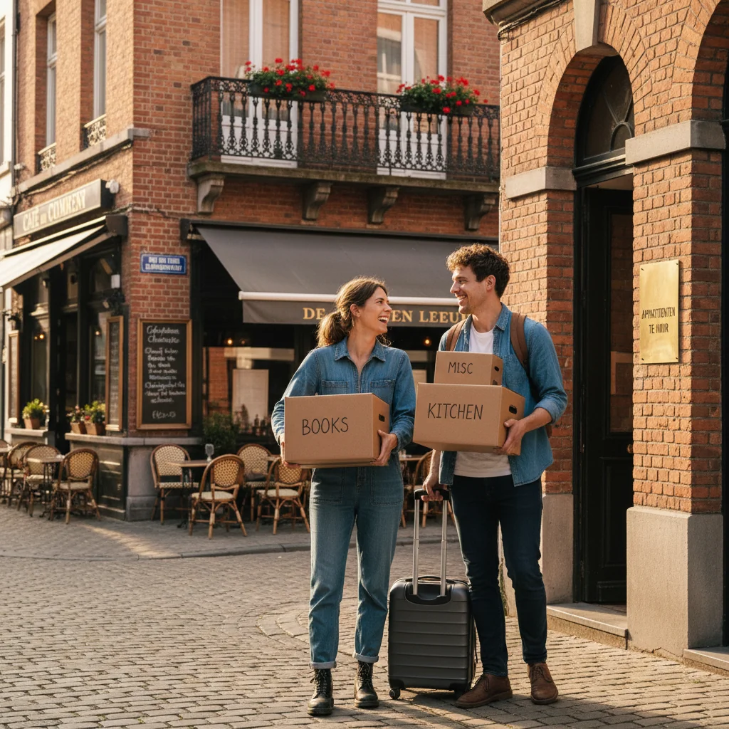 A photorealistic image of a young adult couple happily moving into a modern residential apartment in Belgium, carrying boxes and smiling at each other in front of the building entrance, with subtle Belgian architecture elements like cobblestone streets and European-style apartments in the background, conveying the excitement of renting a new home without focusing on any legal documents.
