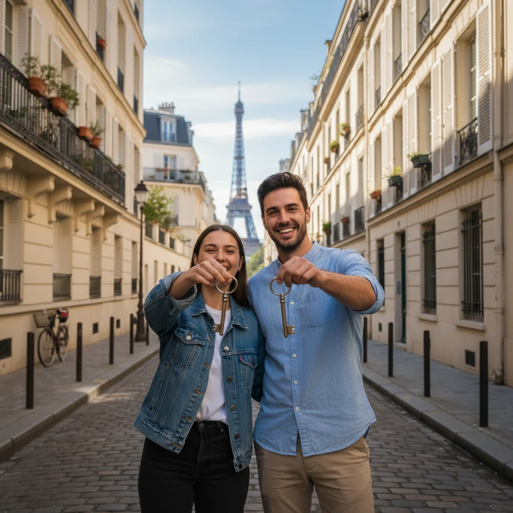 A photorealistic image of a young adult couple standing outside a charming French apartment building in Paris, holding keys and smiling excitedly as they prepare to move into their new rental home, with the Eiffel Tower visible in the background to evoke the essence of renting housing in France.