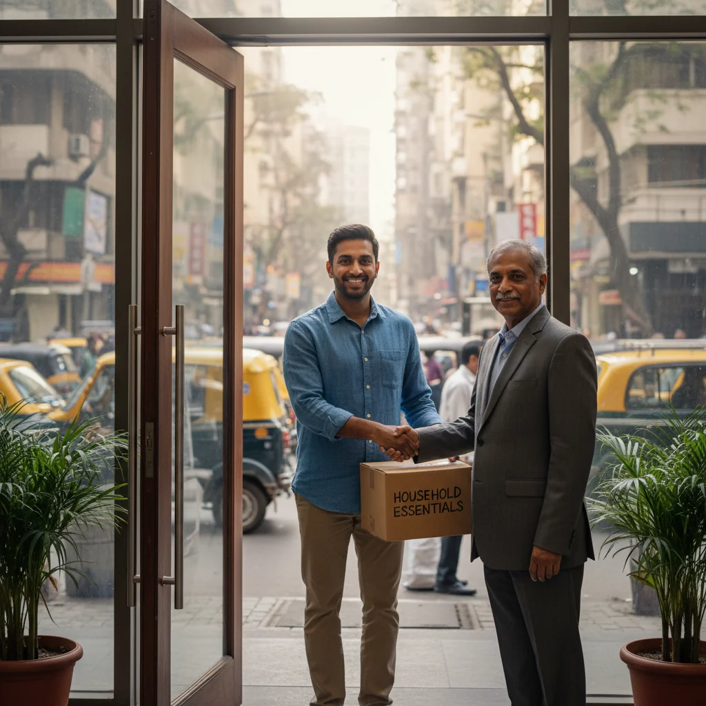 A photorealistic image of an adult Indian tenant happily moving into a modern apartment in an urban Indian city, symbolizing the process of rental tenancy application. The scene shows the tenant carrying a box with belongings, standing at the entrance of the building with a welcoming landlord nearby, evoking security and agreement in housing rental.